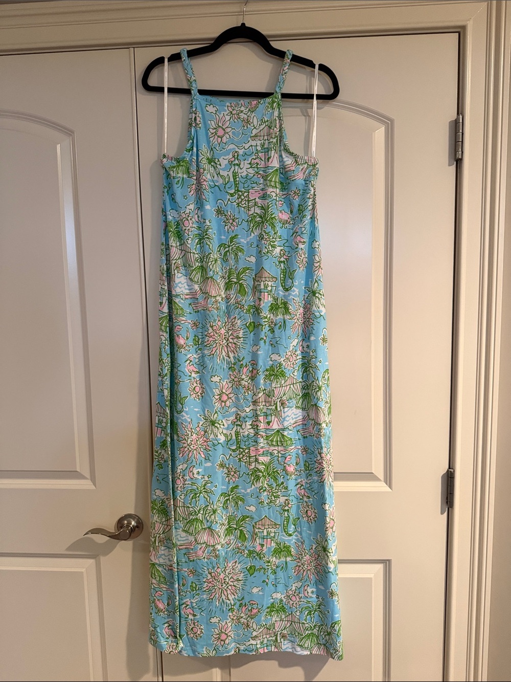 Lilly Pulitzer maxi dress aqua mermaid island print braided straps size small